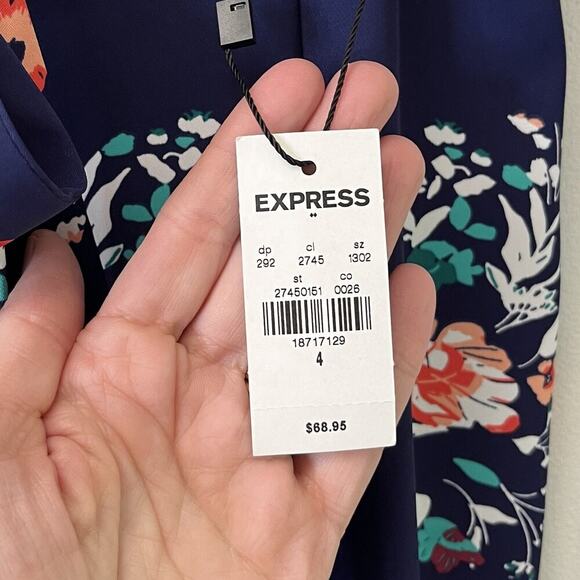 Express Women's Trouser Ankle Pants 4 Navy Blue Floral Paperbag Belted High Rise - Picture 8 of 10